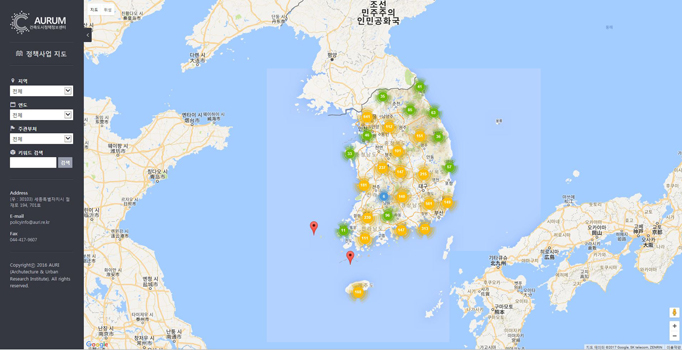 aurum 건축도시정책정보센터 '정책사업' 서비스화면으로      대한민국 정책사업의 근황이 지도에 도포되어있다.