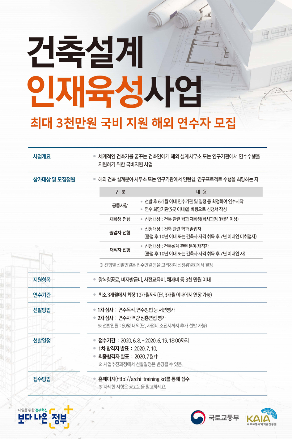 국토교통부, '2020년 건축설계 인재육성사업' 참가자 모집 안내입니다. 자세한 사항은 아래의 글을 참조해주세요.