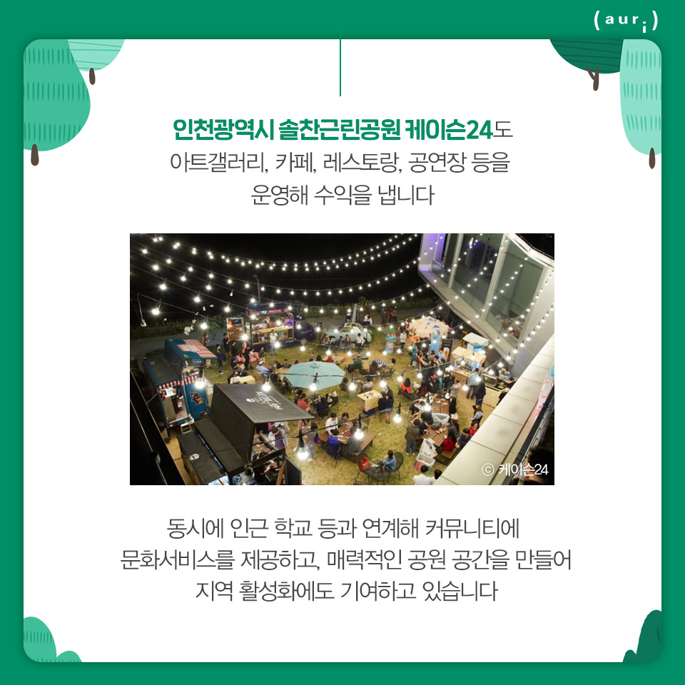 인천광역시 솔찬근린공원 케이슨24도 아트갤러리, 카페, 레스토랑, 공연장 등을 운영해 수익을 냅니다. 동시에 인근 학교 등과 연계해 커뮤니티에 문화서비스를 제공하고, 매력적인 공원 공간을 만들어 지역 활성화에도 기여하고 있습니다.